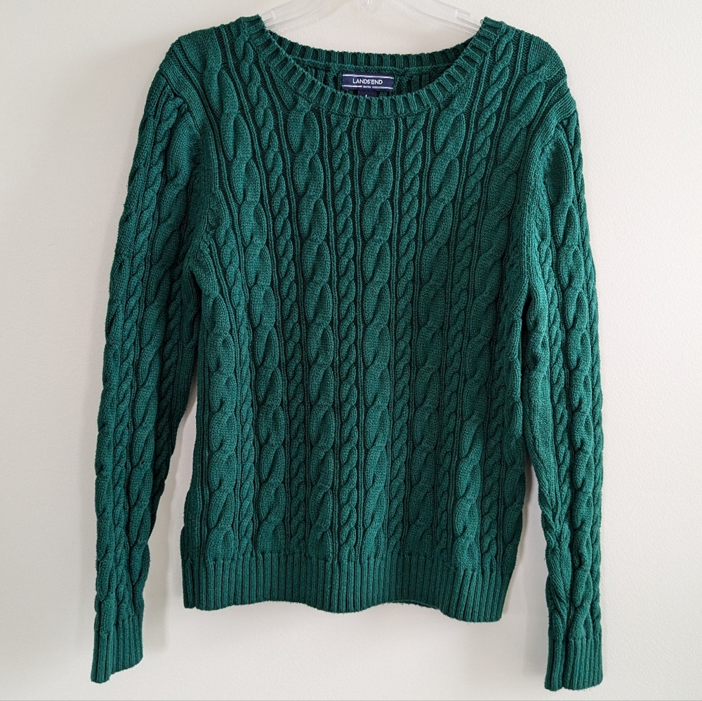 Lands End Big Boys Green Cable Knit Sweater (Size L 14/6)